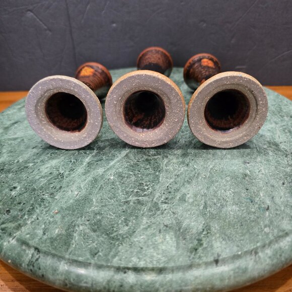 Set of 3 Rustic Stoneware Candle Holders Brown Glazed Ceramic Boho Eclectic - Picture 8 of 8